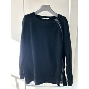 VINCE Crewneck Asymmetrical Leather Trimmed Zipper Sweater Black Large Cotton